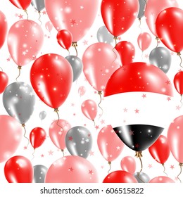 Yemen Independence Day Seamless Pattern. Flying Rubber Balloons in Colors of the Yemeni Flag. Happy Yemen Day Patriotic Card with Balloons, Stars and Sparkles.