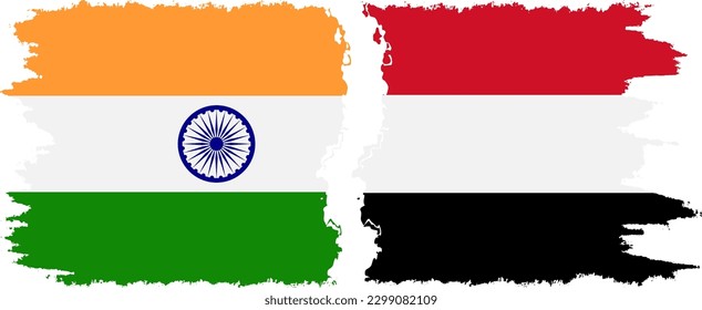 Yemen and India grunge flags connection, vector