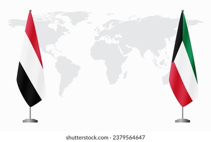 Yemen and Kuwait flags for official meeting against background of world map.