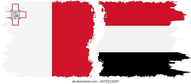 Yemen and Malta grunge flags connection, vector