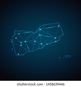 Yemen Map - Abstract geometric mesh polygonal network line, structure and point scales on dark background with lights in the form of cities. Vector illustration eps 10.