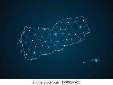 Mapa de Yemen Resumen de la línea de mezcla y las escalas de puntos en un fondo oscuro. Línea de red poligonal de malla 3D del marco de cables. Línea de red, esfera de diseño, punto y vector de estructura.