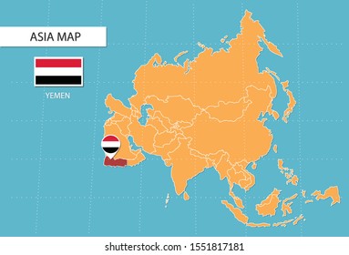 Yemen map in Asia, icons showing Yemen location and flags.