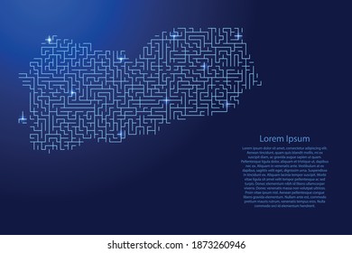 Mapa de Yemen de patrón azul de la cuadrícula de las estrellas del laberinto y brillantes estrellas del espacio. Ilustración vectorial.