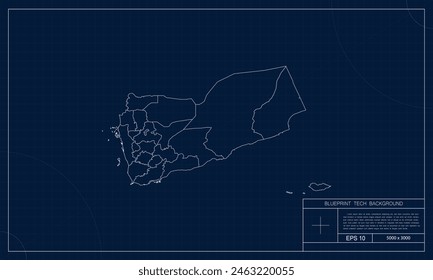 Yemen Map with Blueprint Tech Style Background.