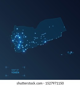Yemen map with cities. Luminous dots - neon lights on dark background. Vector illustration.