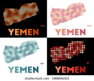 Mapa de Yemen. Colección de mapas de Yemen en estilo punteado. Las fronteras del país están llenas de rectángulos para su diseño. Ilustración vectorial.