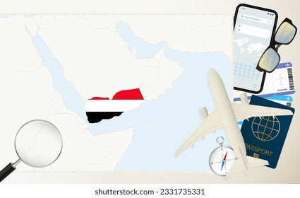 Yemen map and flag, cargo plane on the detailed map of Yemen with flag, passport, magnifying glass and airplane. Vector template.