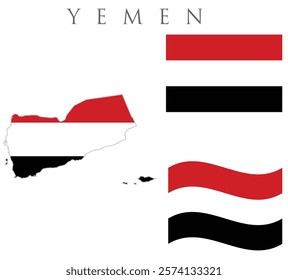 Yemen map with flag embeded inside with 2 yemen  flags wavy flag and rectangular  flag vector illustration