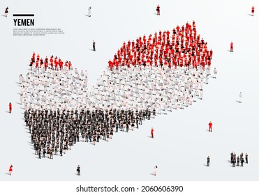 Yemen Map and Flag. A large group of people in the Yemen flag color form to create the map. Vector Illustration.