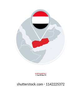 Yemen map and flag, vector map icon with highlighted Yemen