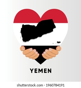 Yemen Map in heart shape hold by hands vector illustration design