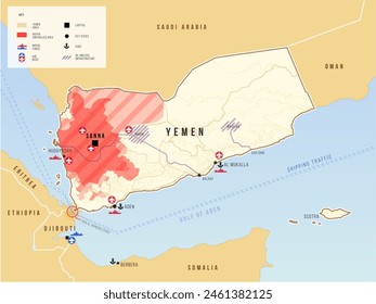 Yemen map. Houthis attacks on cargo trade. Red Sea crisis. Vector illustration map. Geopolitical set concept.