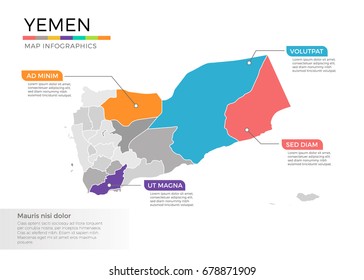 Yemen map infographics vector template with regions and pointer marks