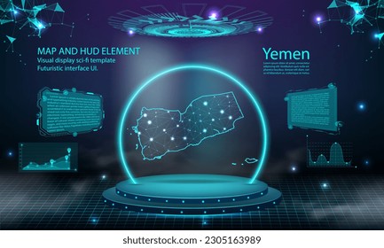 yemen map light connecting effect background. abstract digital technology UI, GUI, futuristic HUD Virtual Interface with yemen map. Stage futuristic podium in fog.
