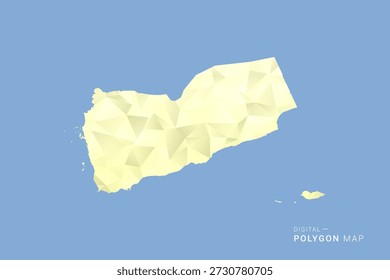 Mapa de Yemen en estilo de Vector de polígono de polietileno bajo, ilustración de forma geométrica con tonos amarillos suaves sobre fondo azul, silueta limpia para infografía.