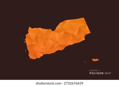 Mapa de Yemen - bajo Vector de polígono polivinílico, silueta triangulada geométrica en tonos naranja y marrón oscuro, estilo infográfico moderno limpio, fondo aislado.
