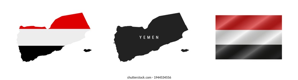 Yemen. Map with masked flag. Detailed silhouette. Waving flag. Vector illustration isolated on white.