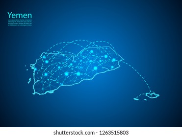 yemen map with nodes linked by lines. concept of global communication and business. Dark yemen map created from white dots with travel locations or internet connection.