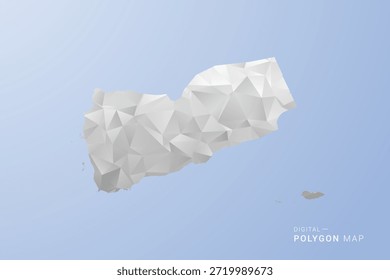 Mapa de Yemen - Ilustración vectorial de estilo polígono en gris, blanco y azul, diseño geométrico de bajo poli, silueta mínima, adecuada para infografía y diseño moderno.
