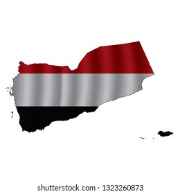 Yemen map with rippled flag on white illustration. Waving Fabric Flag Map of Yemen. Map of Asia. Vector White Background. Vector illustration eps10.