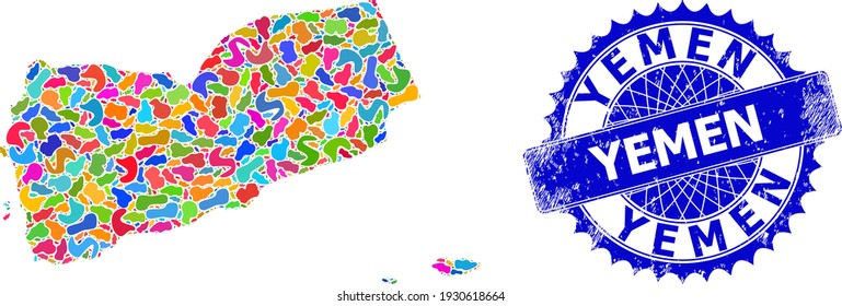 Plantilla de mapa de Yemen. Collage de puntos y sello de grosería para el mapa de Yemen. Narrador azul rosetón con la etiqueta del mapa de Yemen. El mapa de Yemen vector de collage está diseñado con salpicaduras de colores aleatorios.