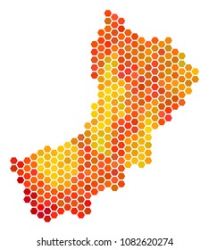 Yemen map. Vector hexagon geographic plan drawn with orange color tones. Abstract Yemen map composition is composed with burn hexagon items.