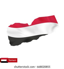 Yemen map with waving flag of country. Vector illustration.