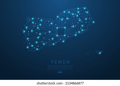 Mapa de Yemen - Plantilla de vector de mapa mundial con placa de circuitos abstracta futurista Ilustración o línea de mezcla de tecnología de alta tecnología y escalas de puntos en fondo oscuro - Ilustración de vectores ep 10