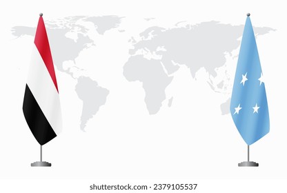 Yemen and Micronesia flags for official meeting against background of world map.