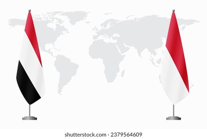 Yemen and Monaco flags for official meeting against background of world map.