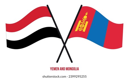 Yemen and Mongolia Flags Crossed And Waving Flat Style. Official Proportion. Correct Colors
