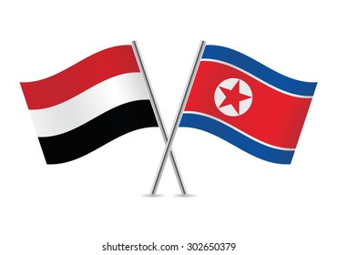 Yemen and North Korea flags. Vector illustration.