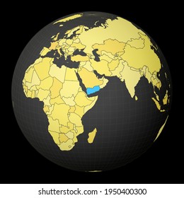 Yemen on dark globe with yellow world map. Country highlighted with blue color. Satellite world projection centered to Yemen. Radiant vector illustration.