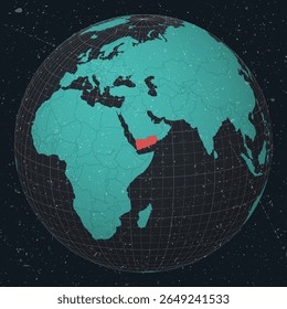 Yemen on Globe. Vintage look with grunge scratched texture. Country view on world map in Dark Charcoal Turquoise color palette. Yemen shape on map. Globe with meridians and parallels.