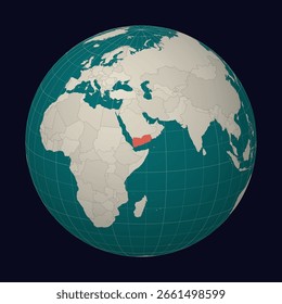 Yemen on the map. Globe centered to Yemen. Country location on the world map. Teal Pale Mint color palette. Globe with countries, meridians and parallels. Charming vector illustration.