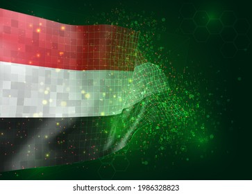 Jemen auf Vektorgrafik 3D-Flagge auf grünem Hintergrund mit Polygone und Datennummern
