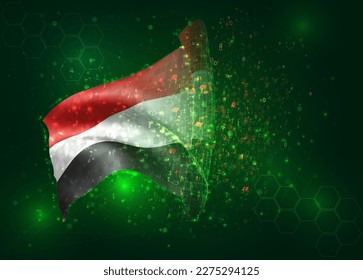 Yemen, sobre la bandera del vector 3d sobre el fondo verde con polígonos y números de datos