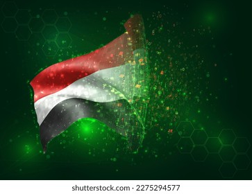 Yemen, on vector 3d flag on green background with polygons and data numbers