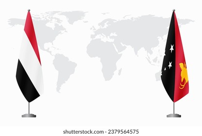 Yemen and Papua New Guinea flags for official meeting against background of world map.