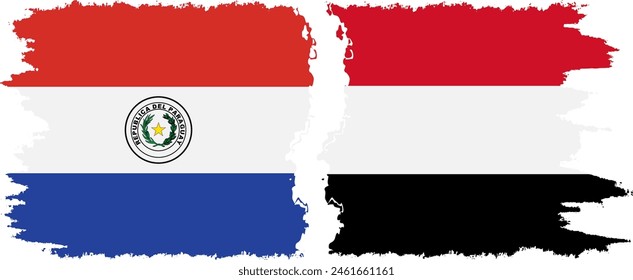 Yemen and Paraguay grunge flags connection, vector