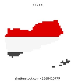 Yemen pixel flag map icon. 8 bit pixel art Yemeni map covered with flag. Flat vector illustration isolated on white background.
