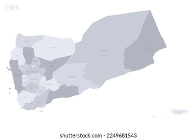 Mapa político yemení de las divisiones administrativas - gobernaciones y municipalidad de Saná. Mapa vectorial gris con etiquetas.