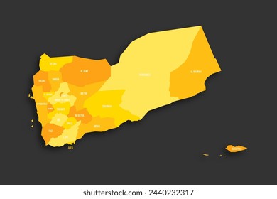Politische Karte von Verwaltungsbezirken - Gouvernements und Gemeinde von Sanaa. Flache Vektor-Map mit gelben Schattierungen und abgeworfenen Schatten auf dunkelgrauem Hintergrund.