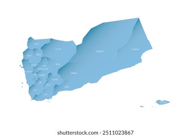Jemen politische Karte der Verwaltungseinheiten - Gouvernements und Gemeinde von Sanaa. Schattierte Vektorkarte mit 3D-ähnlichem blauem Farbverlauf und Namensschildern
