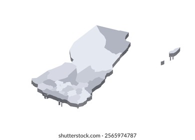 Yemen political map of administrative divisions - governorates and municipality of Sanaa. 3D isometric blank vector map in shades of grey.