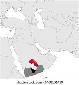 Yemen Republic Location Map on map Asia. 3d Yemen flag map marker location pin. High quality map Yemen. Near East. Vector illustration EPS10.