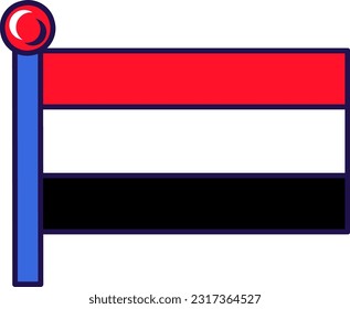 Yemen republic national flag on flagpole vector. Horizontal tricolor of red, white and black stripes on middle east country patriotic symbolic of independence flat cartoon illustration