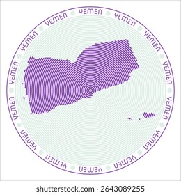 Yemen round logo design. Country shape built of rings. Yemen text around the country. Vector Illustration.
