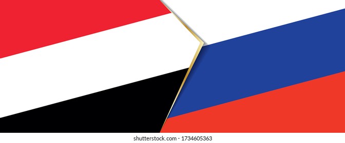 Jemen und Russland Flaggen, zwei Vektorflaggen Symbol für Beziehung oder Konfrontation.